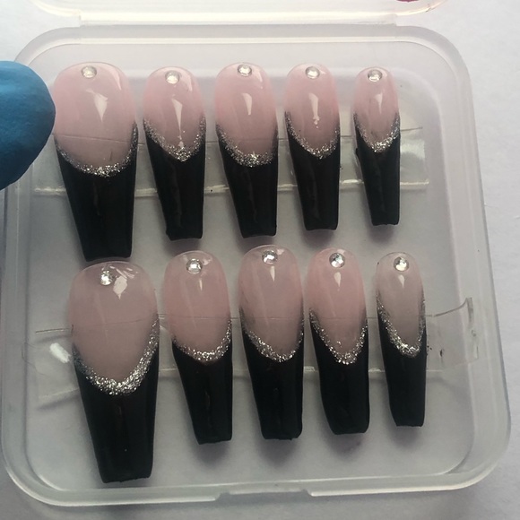 Coffin black french tip rhinestone press on nails with kit - Picture 3 of 4